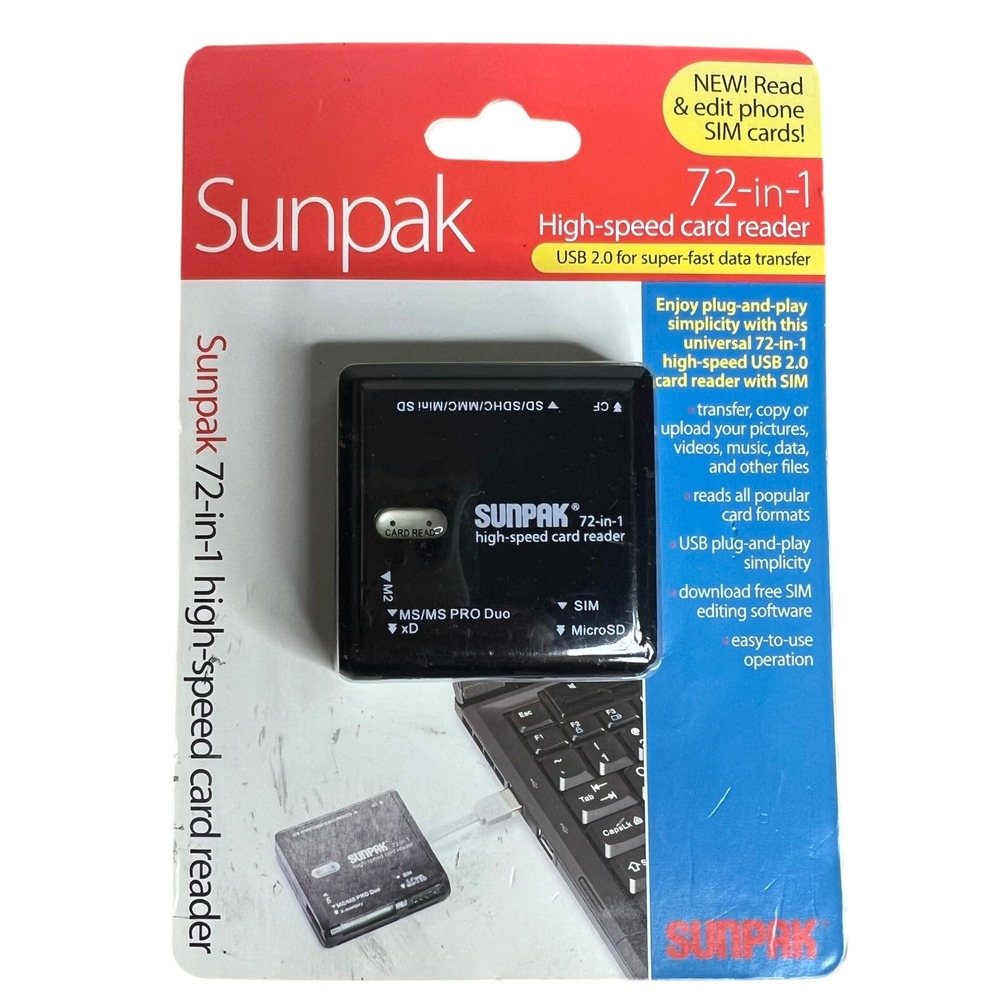 Sunpak 72-in-1 High-Speed Card Reader Built In USB 2.0 Self Storage Plug SEALED